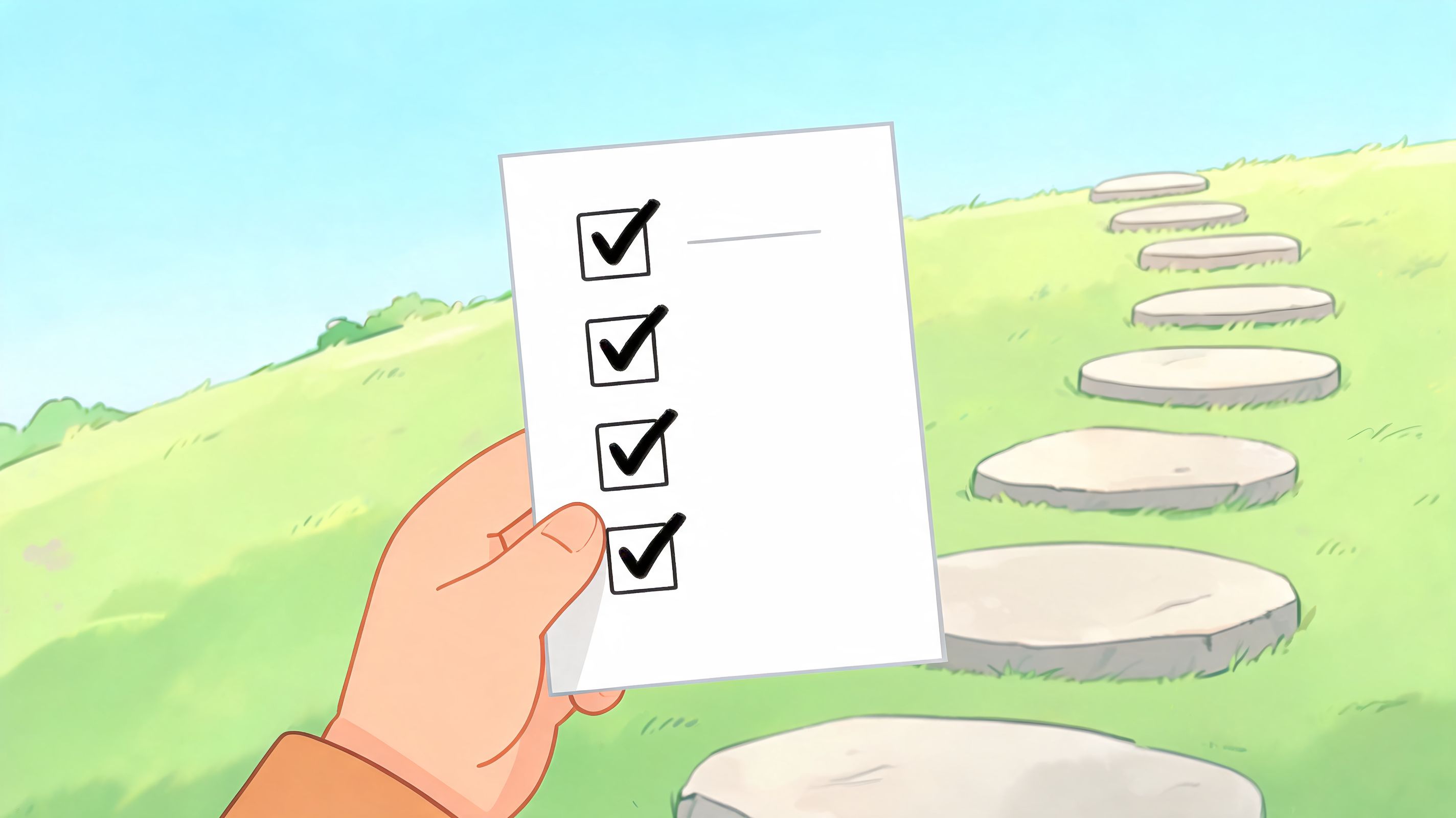 Eine Hand hält eine Checkliste vor einer grünen Landschaft mit Trittsteinen, die einen Weg symbolisieren.