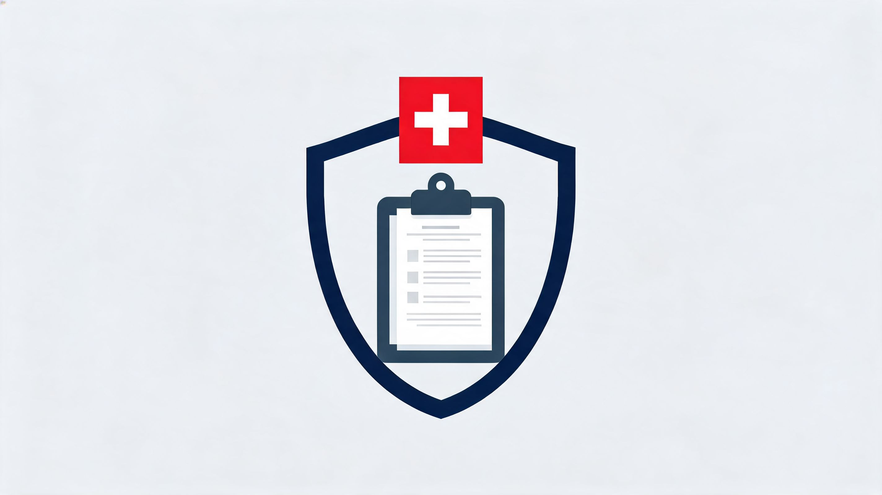Ein Symbol, das ein Klemmbrett in einem Schutzschild mit einem Schweizerkreuz darstellt, steht für medizinische Dokumentationssoftware in der Schweiz.
