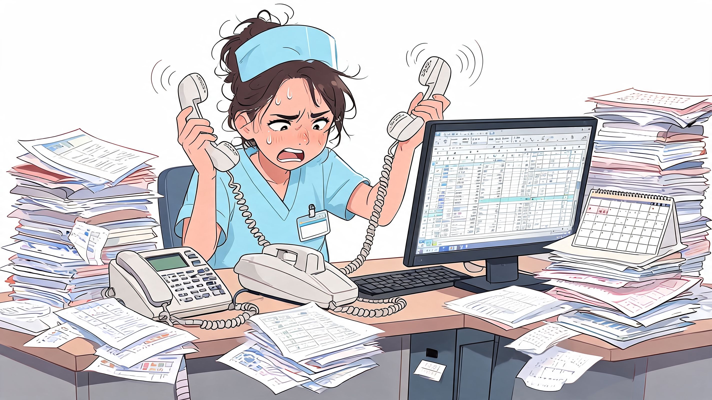 Eine überforderte Krankenschwester an einem Schreibtisch mit Papierkram und zwei Telefonen in einer hektischen Büroumgebung.