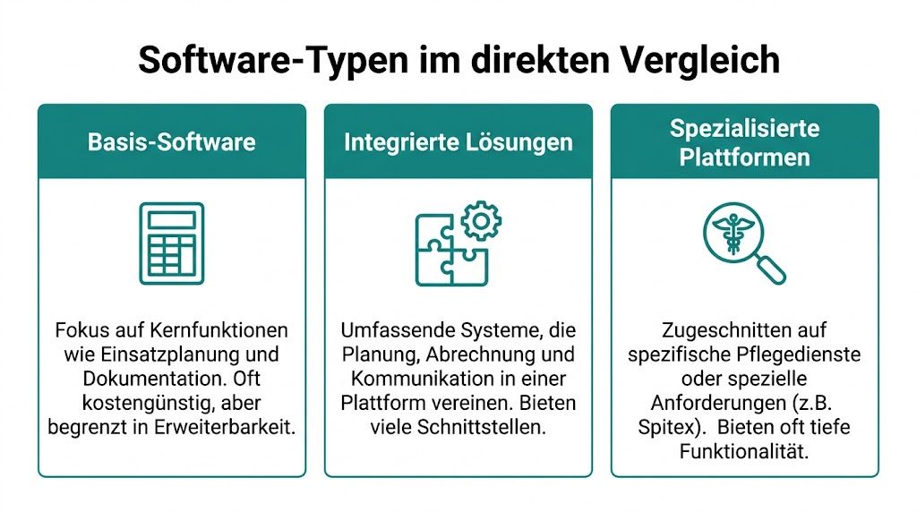 Vergleich der drei Software-Typen Basis-Software, integrierte Lösungen und spezialisierte Plattformen für Pflegedienste in einer übersichtlichen Grafik dargestellt.