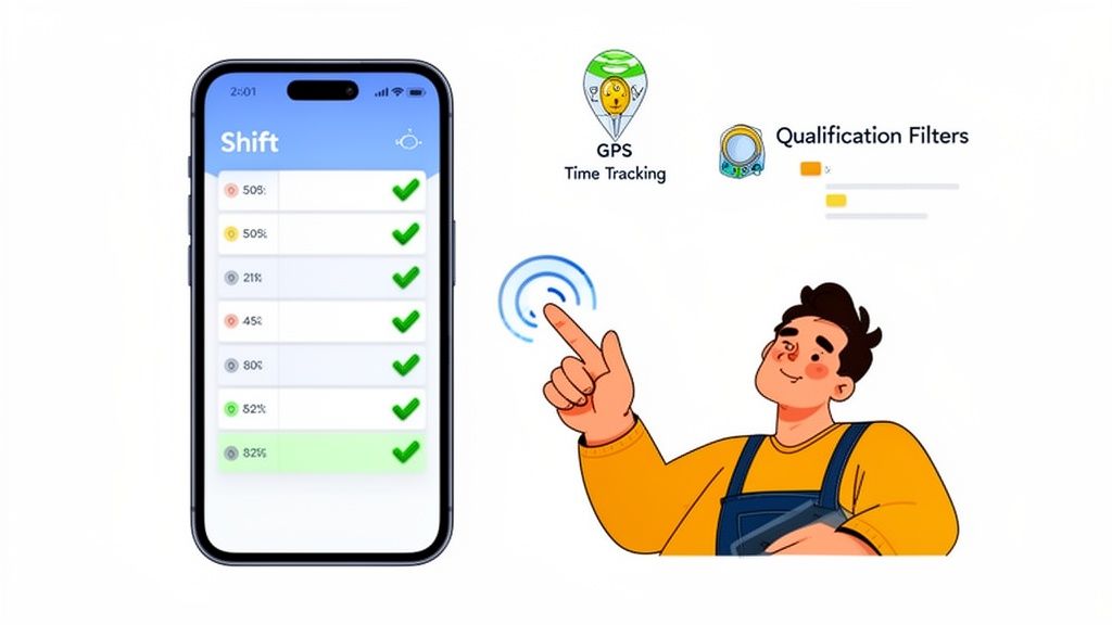 Smartphone-App 'Shift' zeigt Leistungsübersicht, GPS-Zeitverfolgung und Qualifikationsfilter mit Cartoon-Charakter.