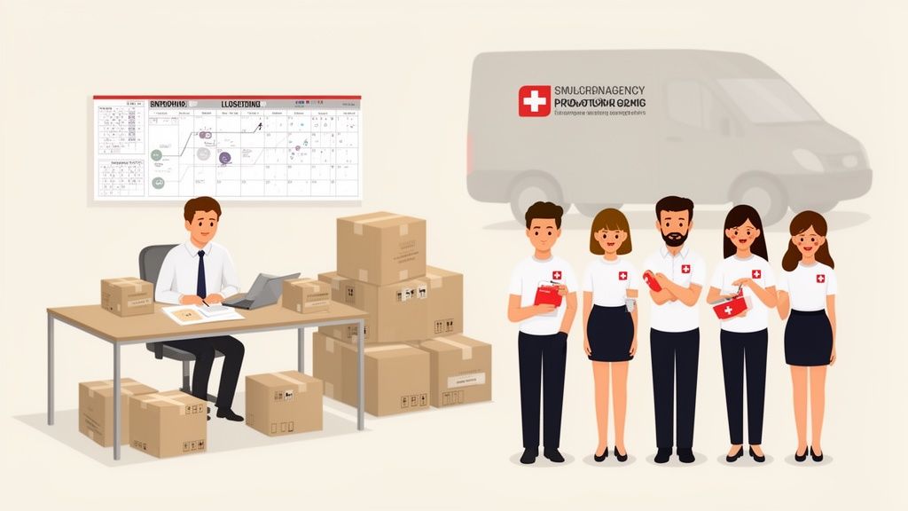 Logistik-Manager plant Lieferungen, während Sanitäter und Freiwillige bereitstehen mit Lieferwagen und Erste-Hilfe-Ausrüstung.