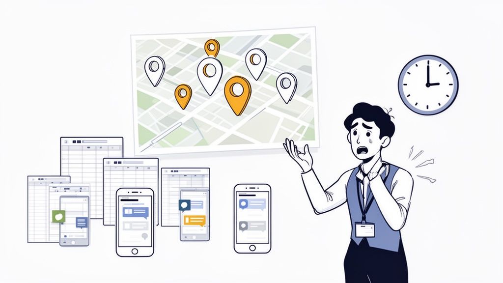 Ein gestresster Mann kämpft mit Logistikproblemen, vielen Standorten auf einer Karte, Tabellen und Nachrichten auf Smartphones unter Zeitdruck.