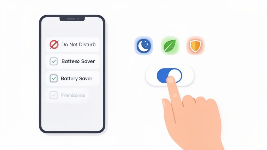Smartphone-Bildschirm mit Einstellungen für „Nicht stören“, „Batteriesparmodus“ und „Berechtigungen“, eine Hand bedient einen Schalter.