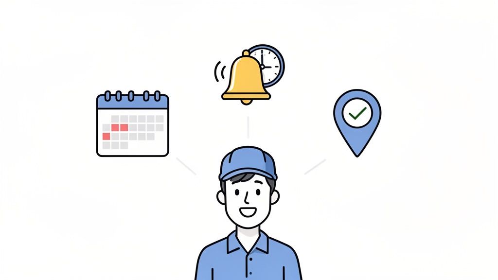 Ein Cartoon-Handwerker mit Kalender, Benachrichtigungsglocke und Standort-Pin symbolisiert Aufgabenverwaltung und Terminkoordination.