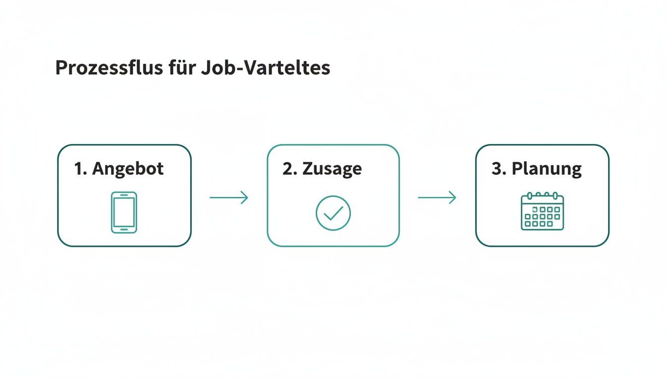 Ein Prozessflussdiagramm zeigt drei Schritte: Angebot (Handy), Zusage (Haken) und Planung (Kalender) für Job-Verteilung.