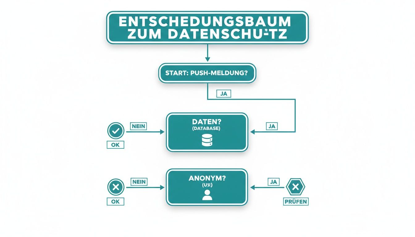 Flussdiagramm zum Datenschutz für Push-Benachrichtigungen, das die Schritte zur Datenprüfung und Anonymisierung aufzeigt.