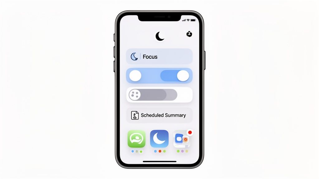 Ein iPhone-Bildschirm mit Einstellungen für den Fokus-Modus, Benachrichtigungszusammenfassung und App-Symbolen.
