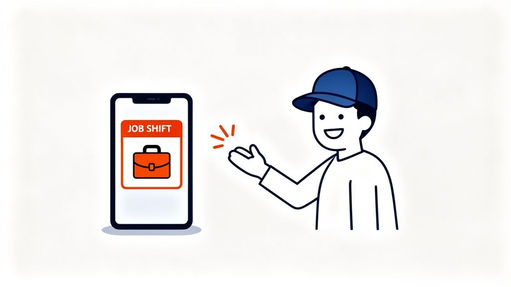 Eine Person mit Mütze betrachtet ein Smartphone, das eine „JOB SHIFT“-Benachrichtigung mit einem Aktenkoffer-Symbol anzeigt.