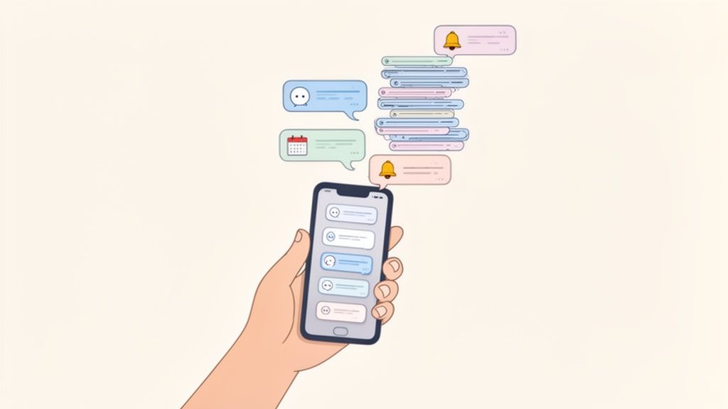 Eine Hand hält ein Smartphone, aus dem mehrere Chat- und Benachrichtigungsblasen aufsteigen.