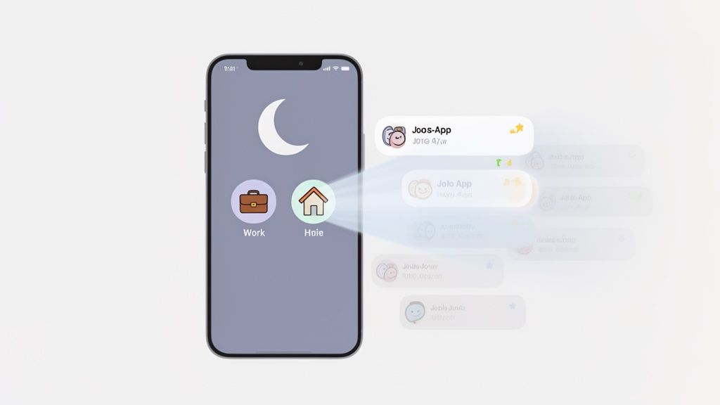 Smartphone-Bildschirm mit Mond-Symbol, Work- und Home-Icons, die Push-Benachrichtigungen für Apps steuern.