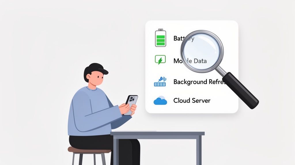 Eine Person analysiert Smartphone-Einstellungen für Batterie, mobile Daten und Hintergrundaktualisierung mit einer Lupe.