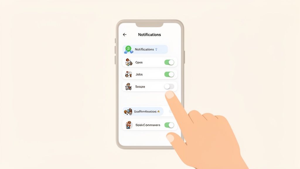 Smartphone zeigt Benachrichtigungseinstellungen. Eine Hand tippt auf den Schalter für 'Sesose', um ihn zu aktivieren.