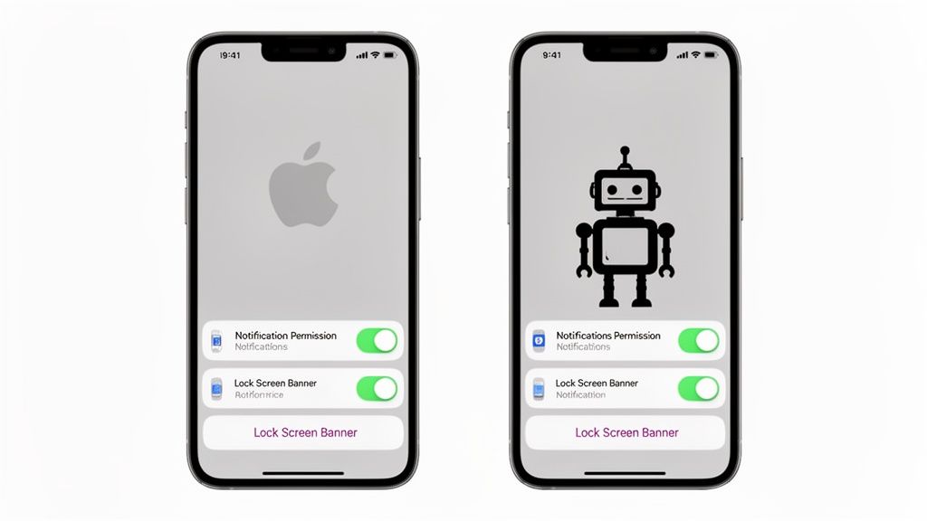 Zwei iPhones zeigen Benachrichtigungseinstellungen, eines mit Apple-Logo, das andere mit Roboter-Symbol. Beide haben grüne Schalter für Berechtigungen.