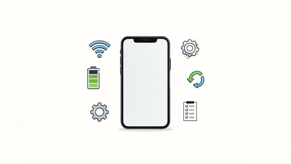 Smartphone mit Symbolen für WLAN, Akku, Einstellungen, Aktualisierung und Aufgabenliste, auf weißem Hintergrund.