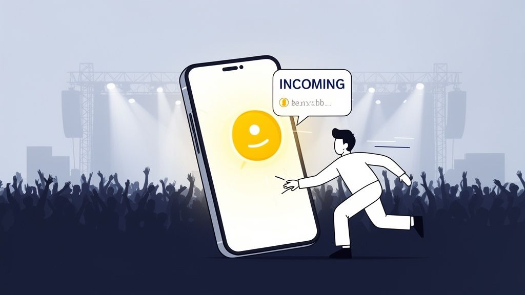 Ein Mann rennt auf einem Konzert auf einem leuchtenden Smartphone zu, das eine eingehende Nachricht anzeigt.