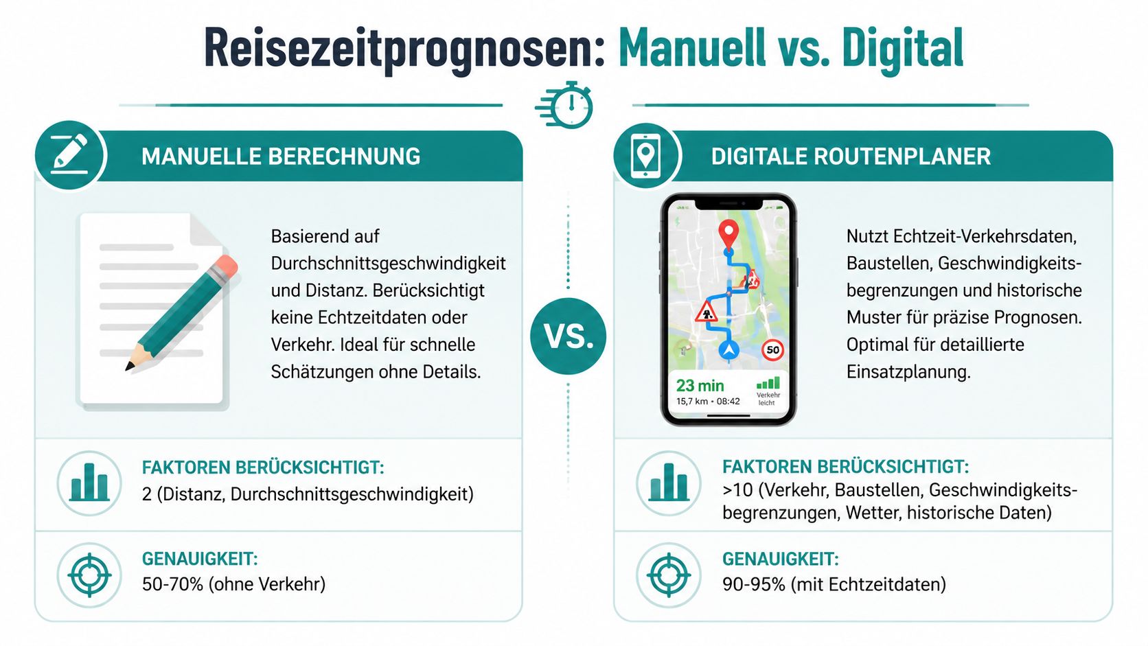 Vergleich zwischen manueller Reisezeitberechnung und digitalen Routenplanern anhand von Faktoren, Genauigkeit und Datennutzung in einer Infografik.