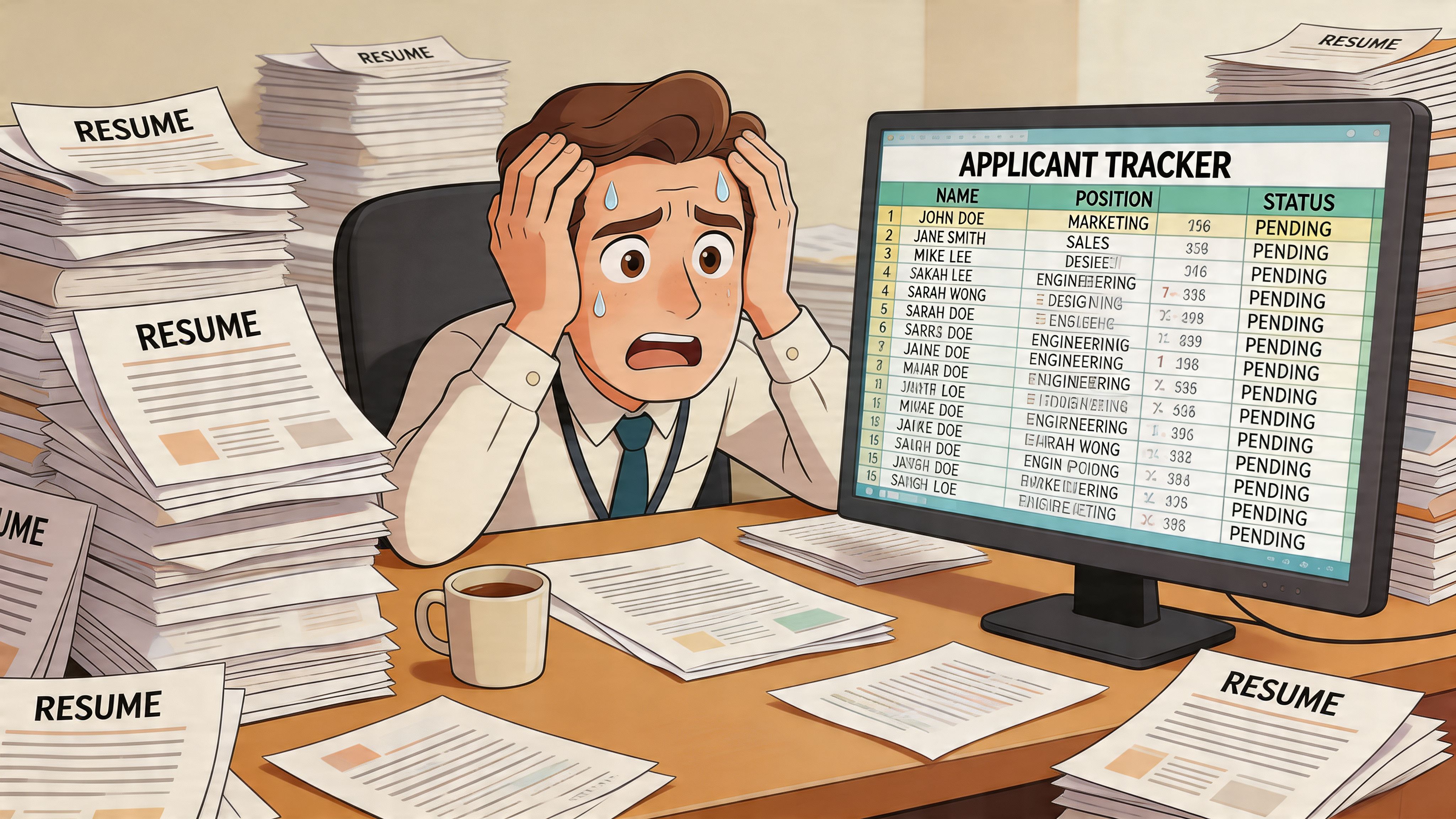 Recruteur stressé entouré de candidatures papier et d’un logiciel confus.