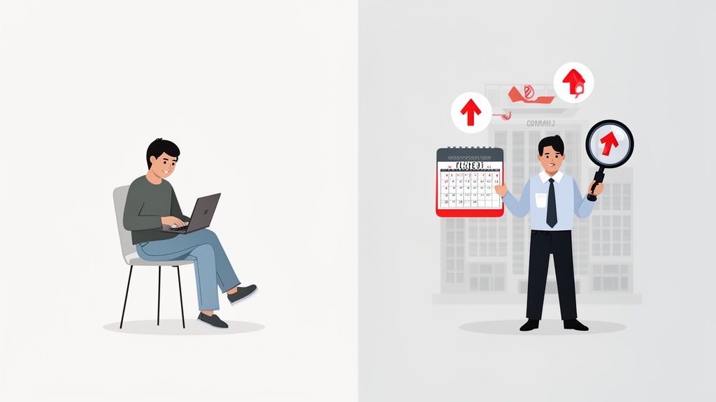 Ein Freelancer arbeitet am Laptop, während ein Geschäftsmann Kalender und Lupe vor einem Gebäude hält, das Wachstum symbolisiert.