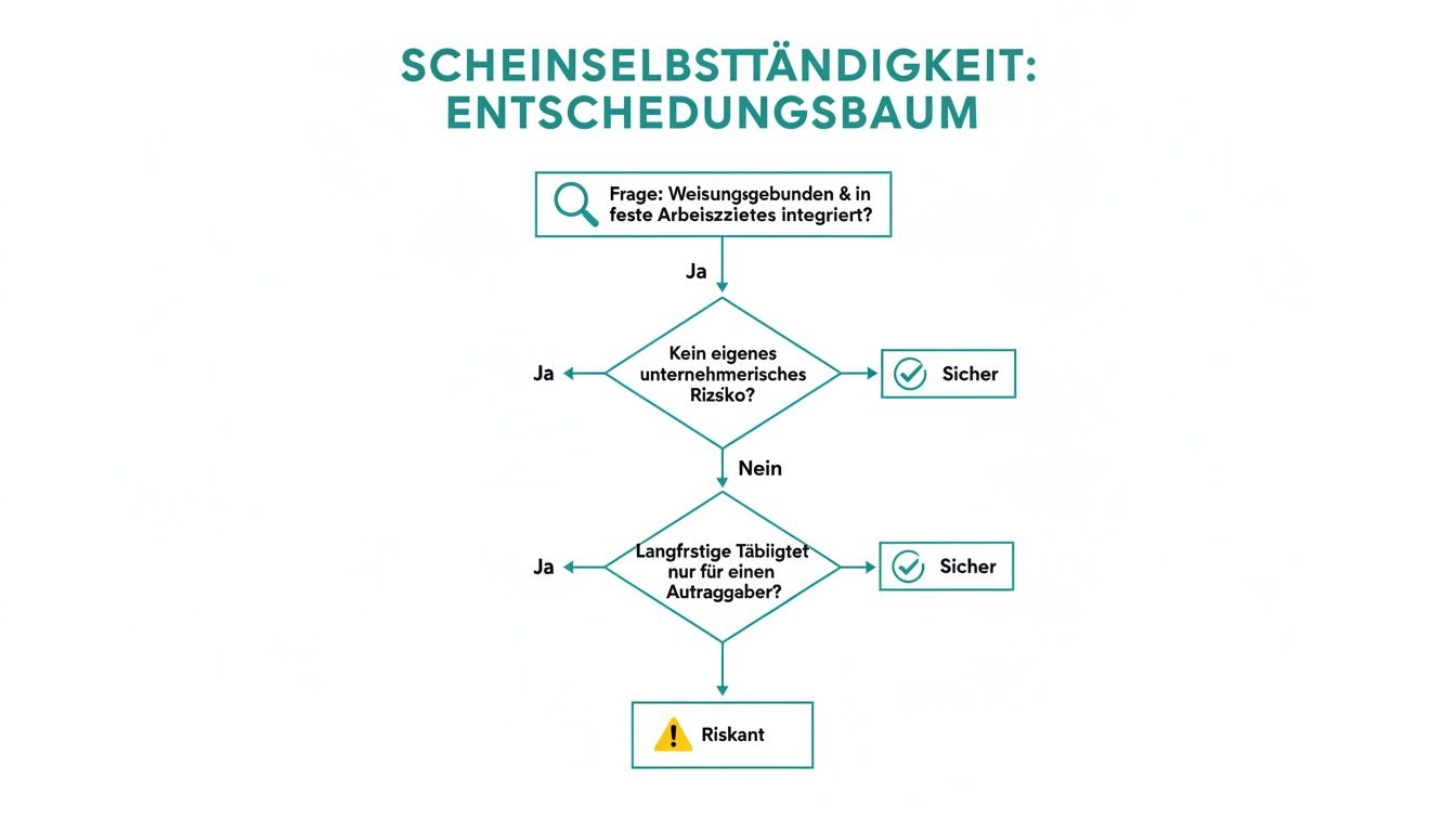 Entscheidungsbaum zur Scheinselbstständigkeit mit Fragen zu Weisungsgebundenheit, Unternehmensrisiko und Auftraggebern.