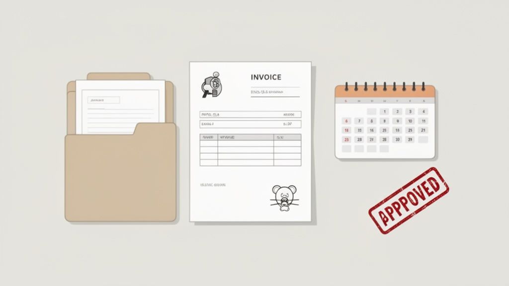 Büromaterialien wie Aktenordner, Rechnung, Kalender und ein 'Genehmigt'-Stempel symbolisieren Verwaltungsprozesse.
