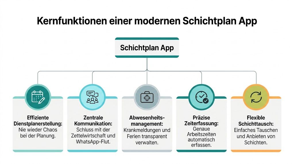 Ein Flussdiagramm, das die fünf Kernfunktionen einer modernen Schichtplan-App für Unternehmen und Mitarbeiter darstellt.