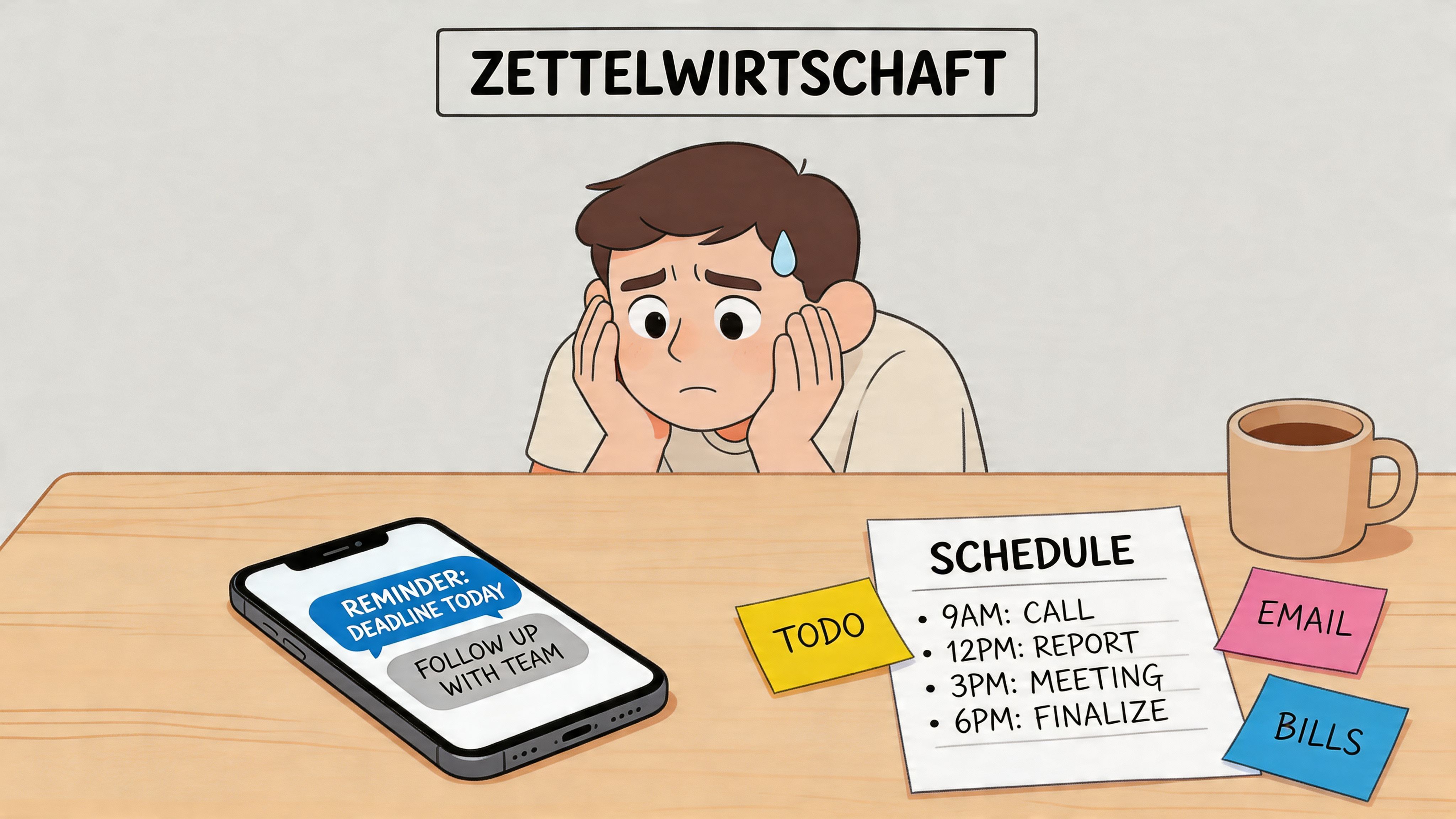 Ein gestresster junger Mann sitzt an einem Schreibtisch mit vollem Terminkalender, einer Aufgabenliste und vielen Notizzetteln.