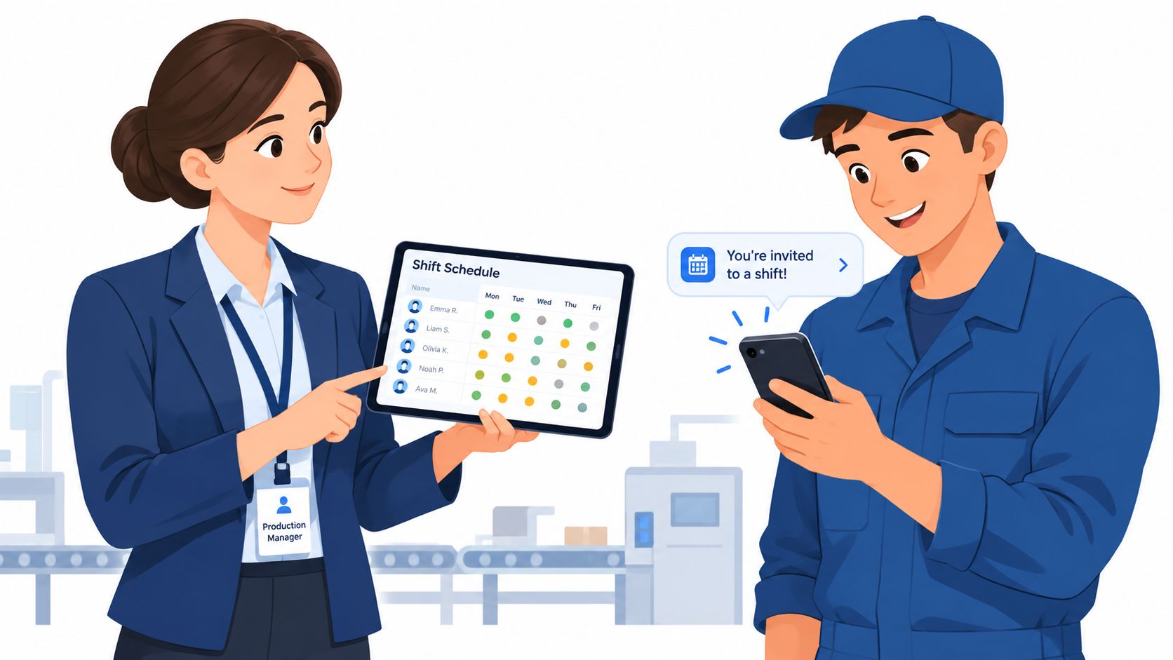 Eine Produktionsleiterin zeigt einem Mitarbeiter auf einem Tablet einen digitalen Schichtplan zur Optimierung der Arbeitseinsätze.