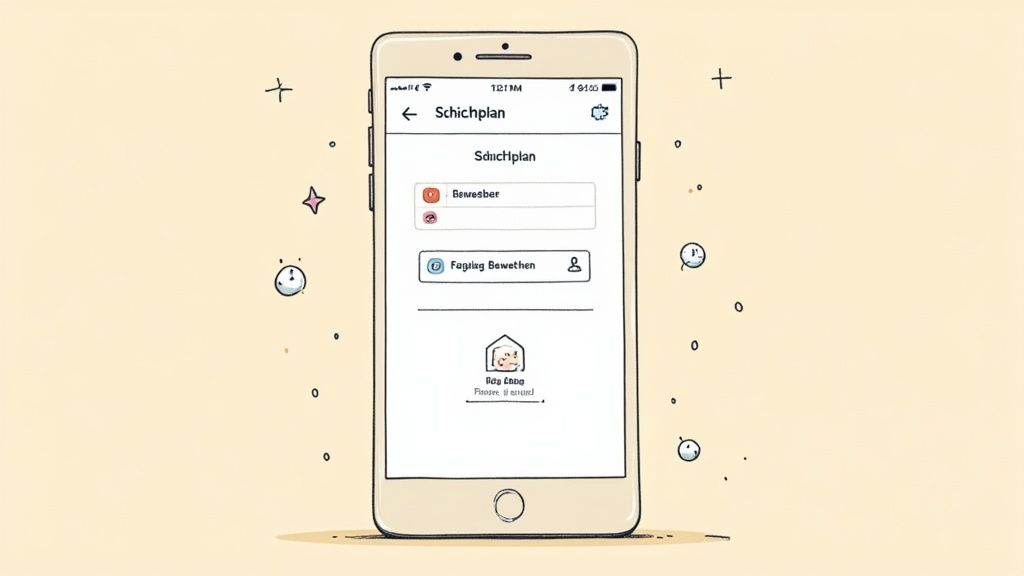 Smartphone zeigt Schichtplan-App mit Bewerber-Status und Fähigkeiten-Bewertung auf dem Display