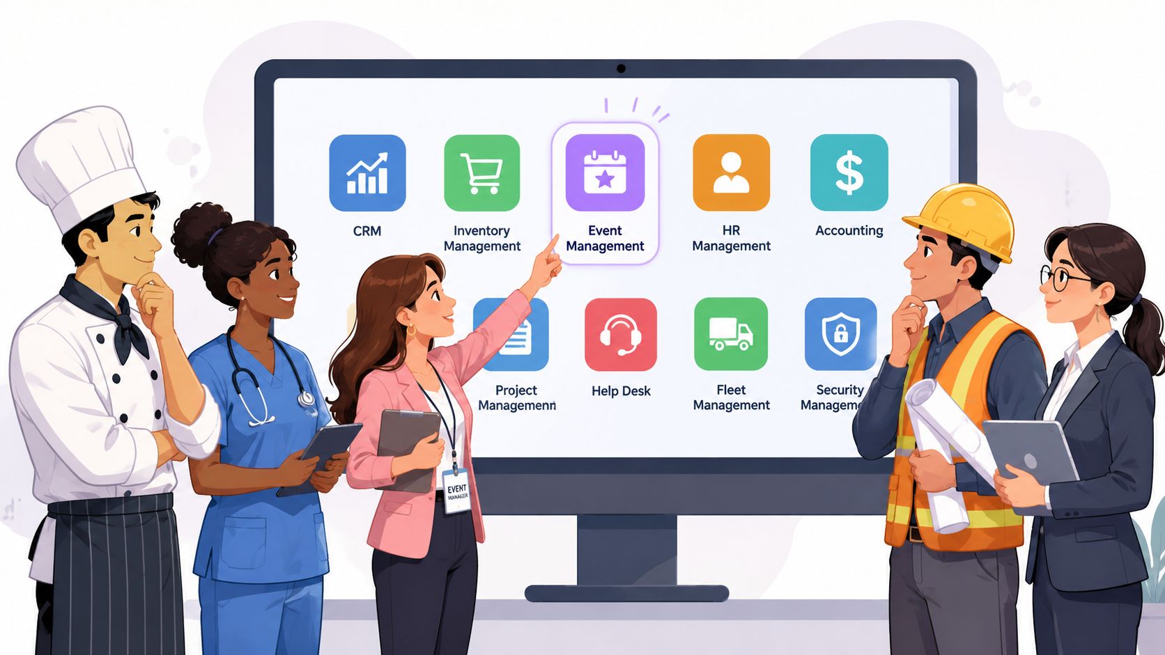 A diverse group of professionals looking at a screen showing various business software modules and management systems.