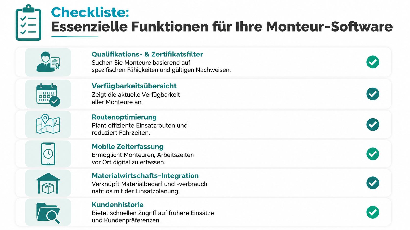 Een checklist voor essentiële functies van monteursoftware, weergegeven als lijst met symbolen en groene vinkjes.