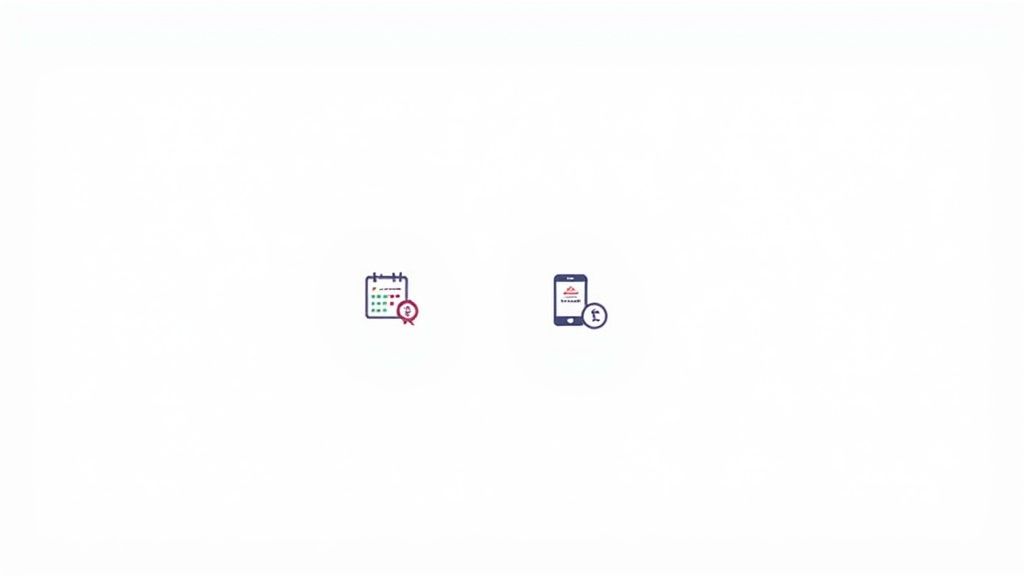 Kalendersymbol mit Euro-Zeichen und Smartphone-App mit Gebäude- und Euro-Symbol zur Schichtplanung und Bezahlung.