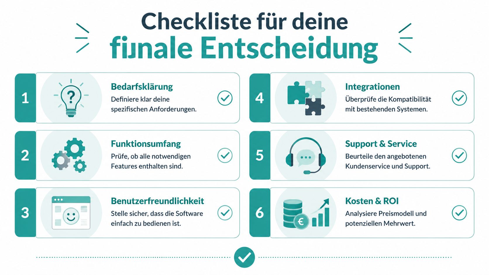 Eine Checkliste für die finale Softwareentscheidung mit sechs wichtigen Punkten für den Auswahlprozess im Unternehmen.