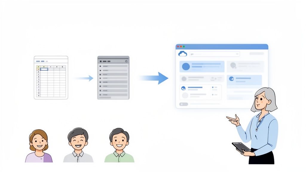 Diagramm zeigt den Prozess der Datenintegration von Excel in Cloud-basierte Software, präsentiert von einer Frau an Mitarbeiter.