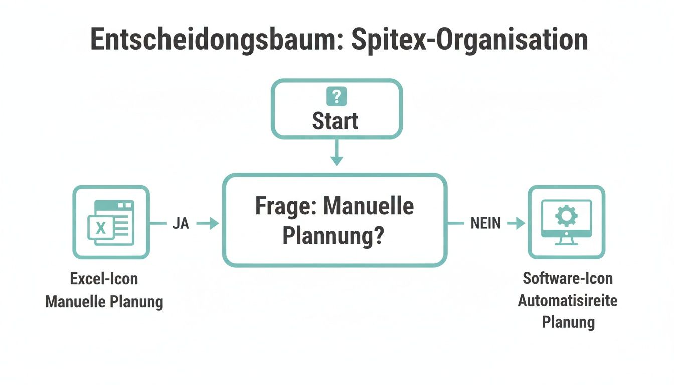 Ein Entscheidungsbaum zur Spitex-Planung, der zwischen manueller Excel-Planung und automatisierter Software-Planung unterscheidet.