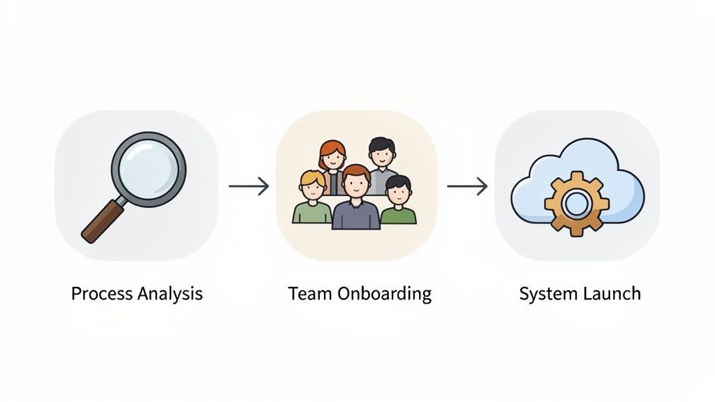 Eine visuelle Darstellung der Schritte Prozessanalyse, Teameinführung und Systemstart mit entsprechenden Icons.