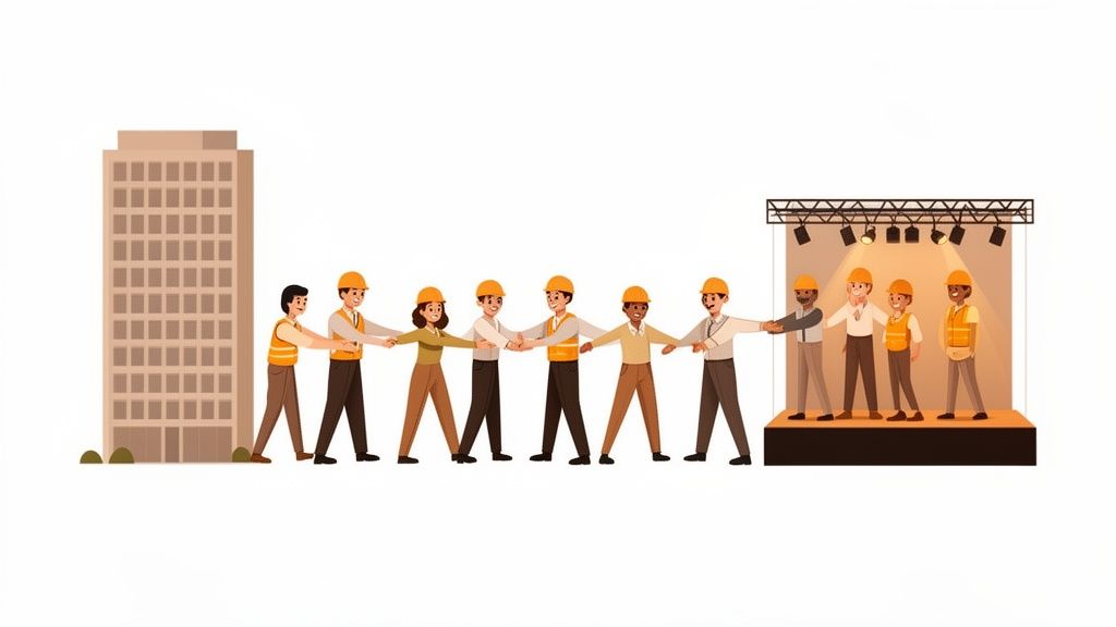 Gruppe von Bauarbeitern hält Händchen, die von einem Gebäude zu einer beleuchteten Bühne reichen, symbolisiert Teamwork und Erfolg.