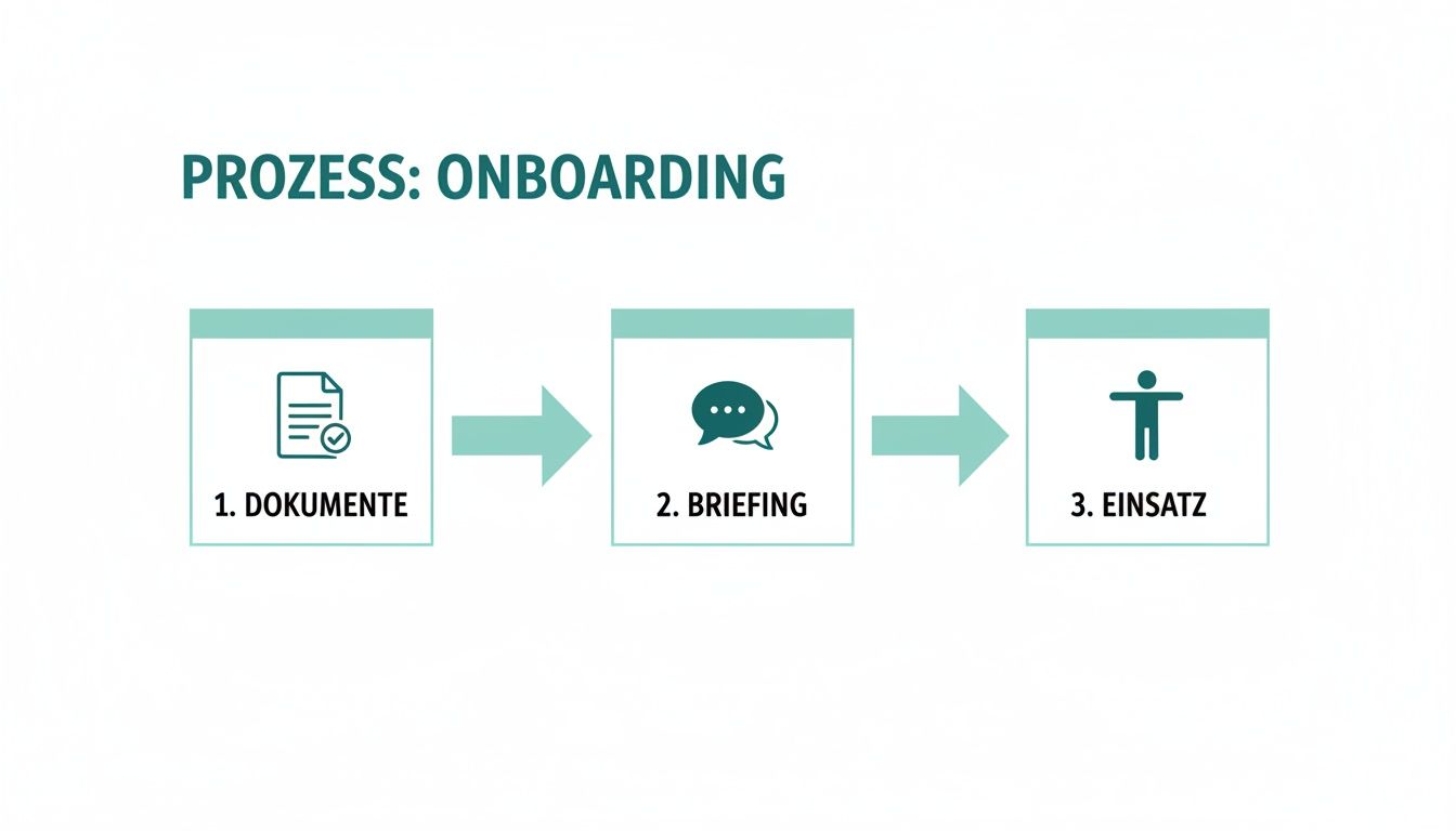 Ein Onboarding-Prozessdiagramm zeigt die Schritte Dokumente, Briefing und Einsatz für neue Mitarbeiter.