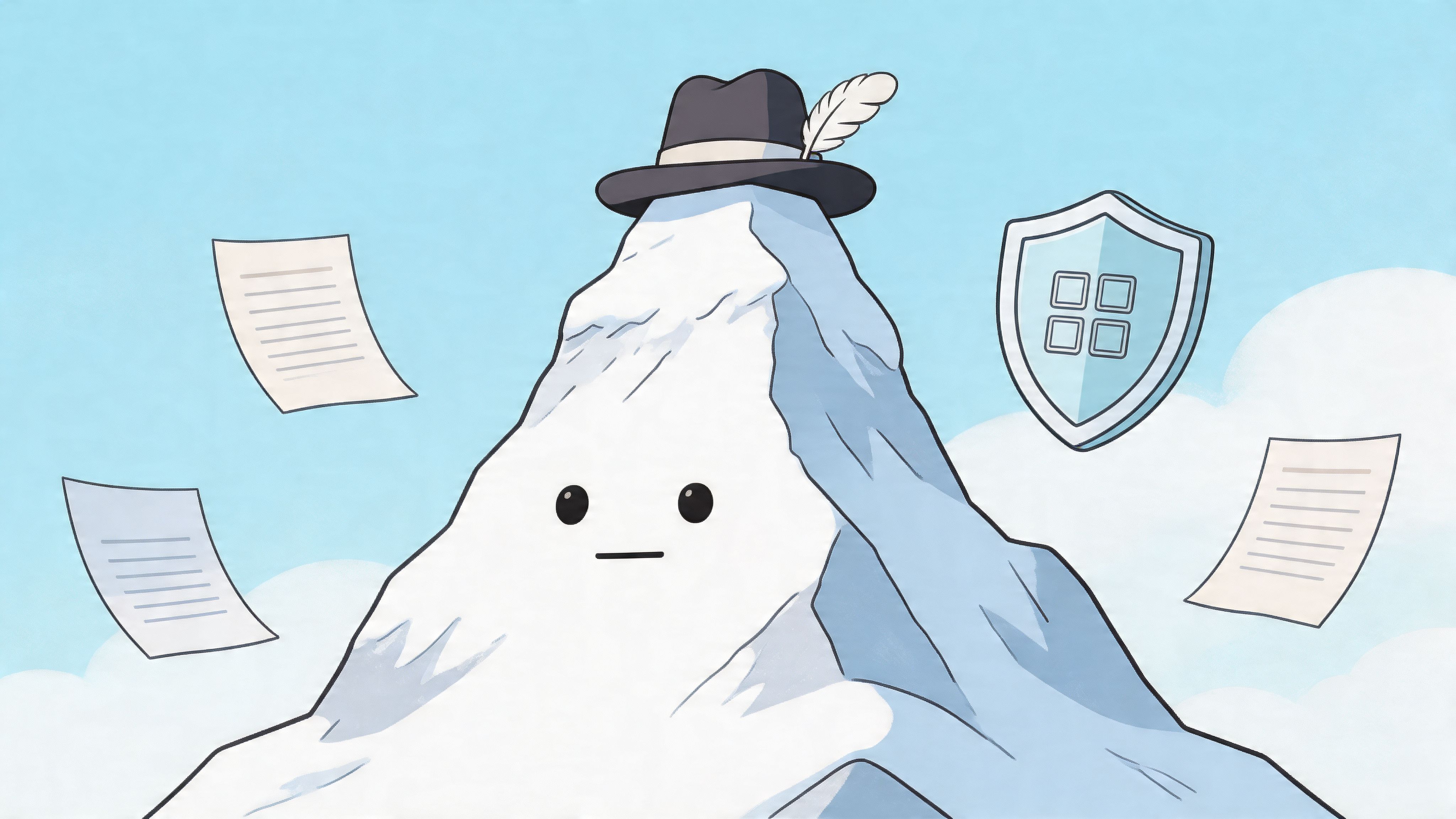 Ein vermenschlichter, schneebedeckter Berg mit Hut trägt einen Schutzschild und wird von Dokumenten im blauen Himmel umkreist.