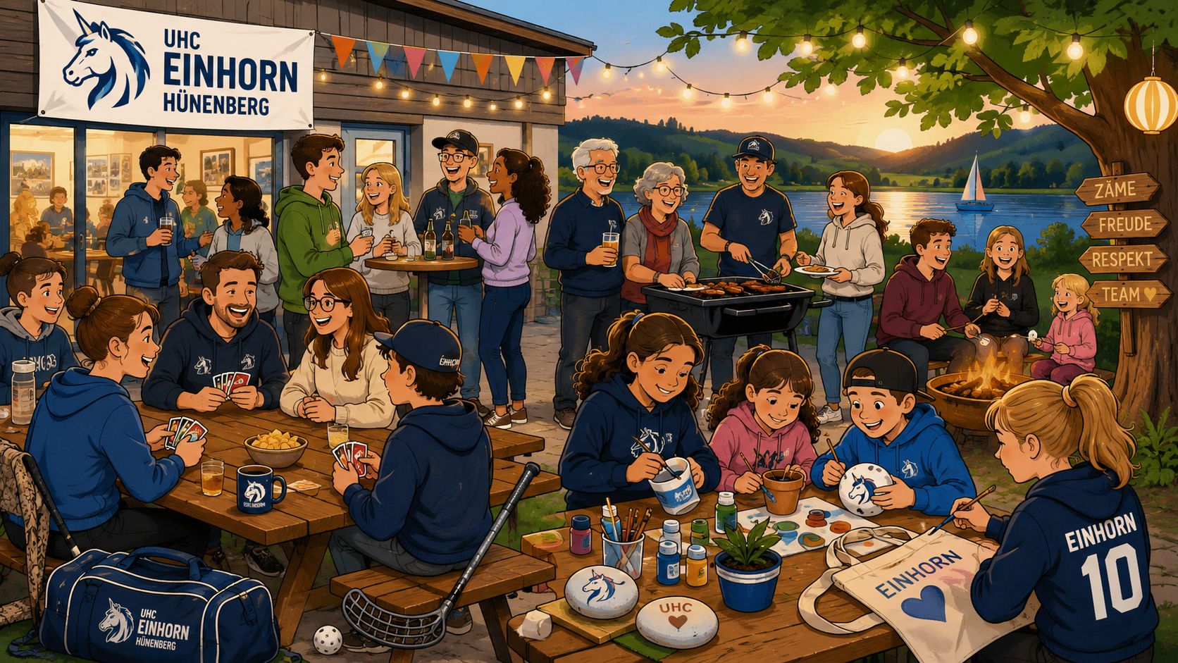 Gemeinschaft beim Grillfest des Unihockeyclubs UHC Einhorn Hünenberg mit Sportbegeisterten jeden Alters in entspannter Atmosphäre.