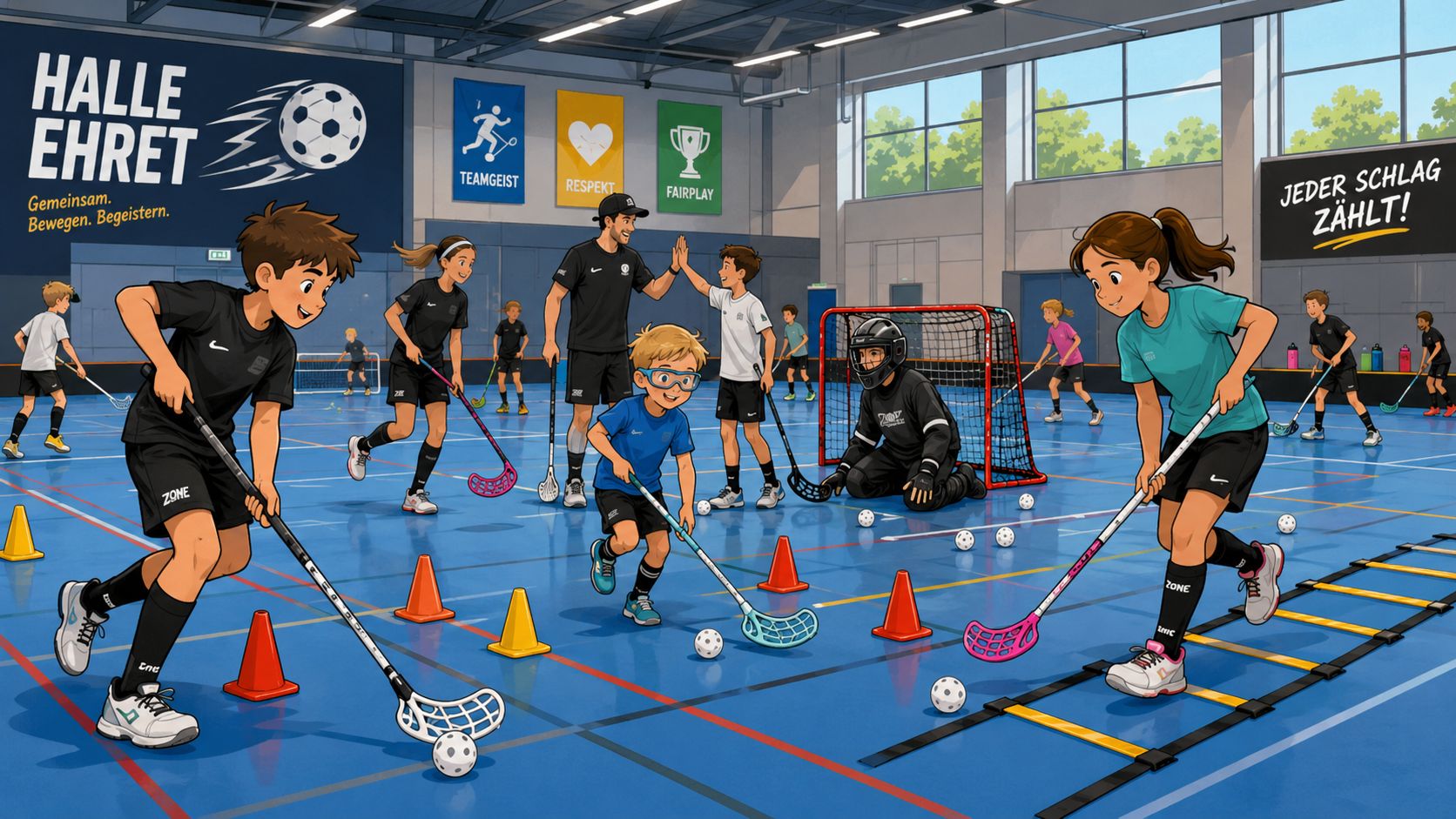 Eine Gruppe von Kindern und einem Trainer beim Unihockey-Training in einer hellen Sporthalle mit verschiedenen Trainingsgeräten.
