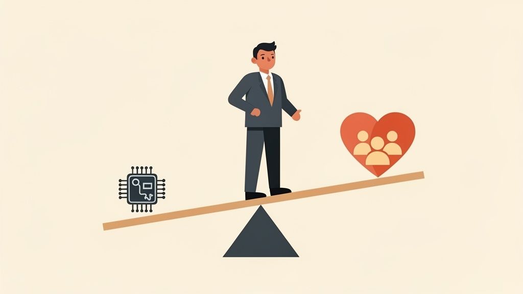 Ein Mann auf einer Wippe, der Technologie (Chip) und menschliche Verbindung (Herz mit Menschen) balanciert.