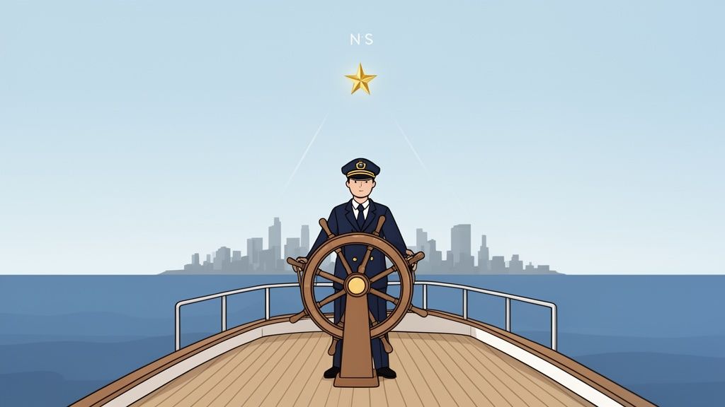 Ein Kapitän am Steuerrad eines Schiffes, blickt auf einen Stern und eine Stadt am Horizont.