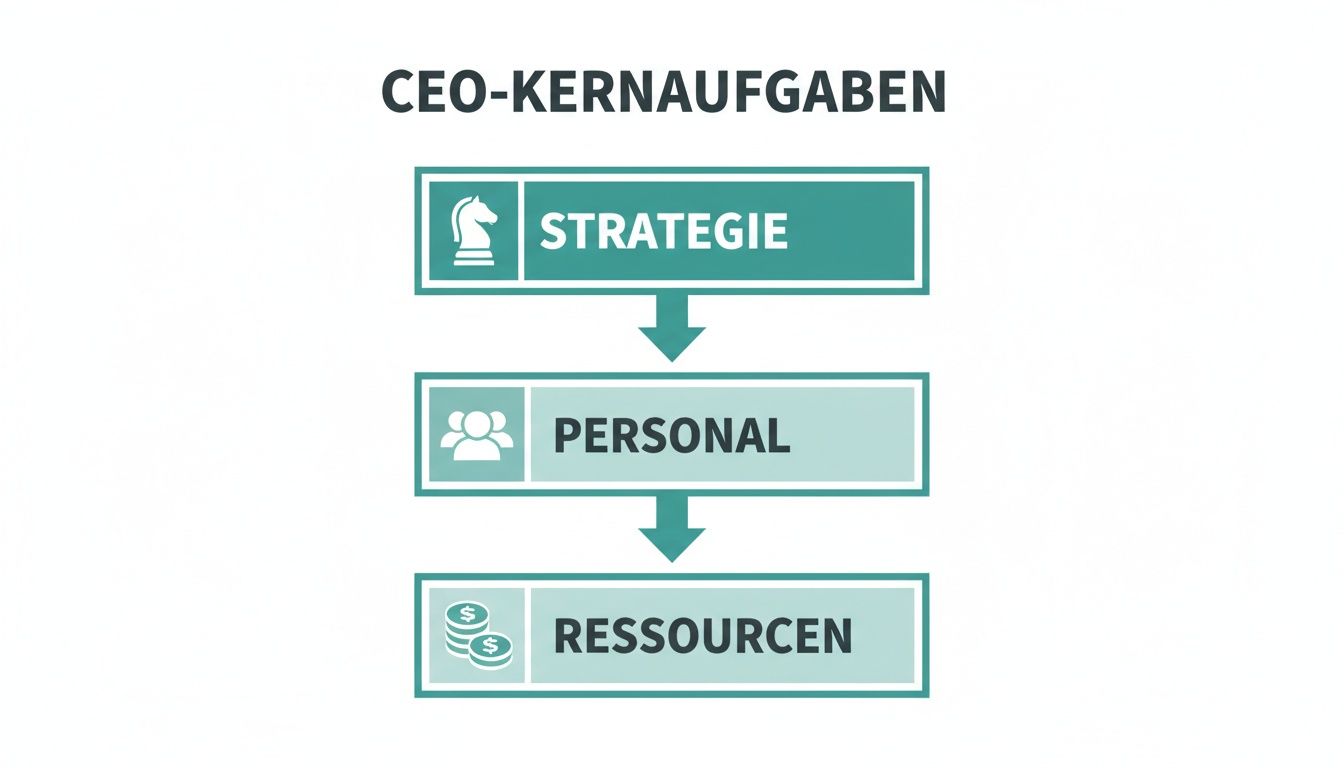 Diagramm zeigt die drei Kernaufgaben eines CEO: Strategie, Personal und Ressourcen, jeweils mit passenden Icons.
