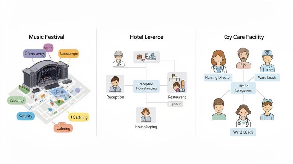 Drei Organisationsdiagramme für ein Musikfestival, ein Hotel und eine Pflegeeinrichtung, die verschiedene Rollen und Verantwortlichkeiten darstellen.