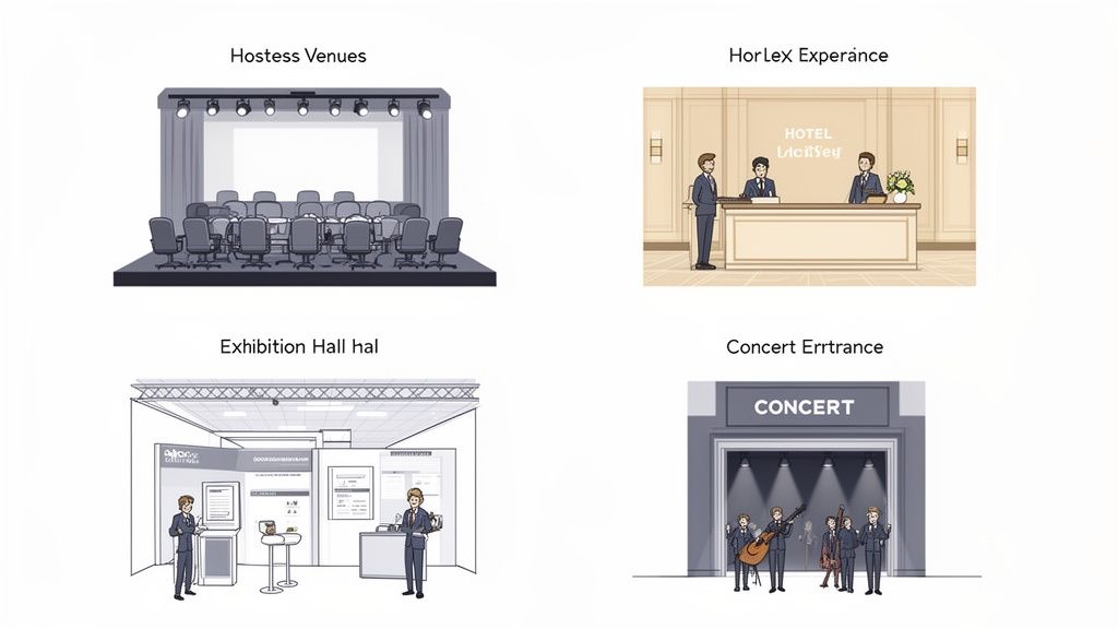 Différents lieux d’intervention pour hôtesses : conférence, hôtel, salon et concert.