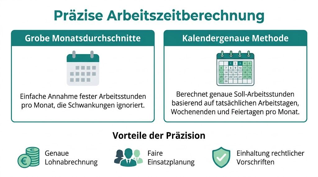 Vergleich zwischen groben Monatsdurchschnitten und der kalendergenauen Methode zur Berechnung der Arbeitszeit mit ihren jeweiligen Vorteilen.