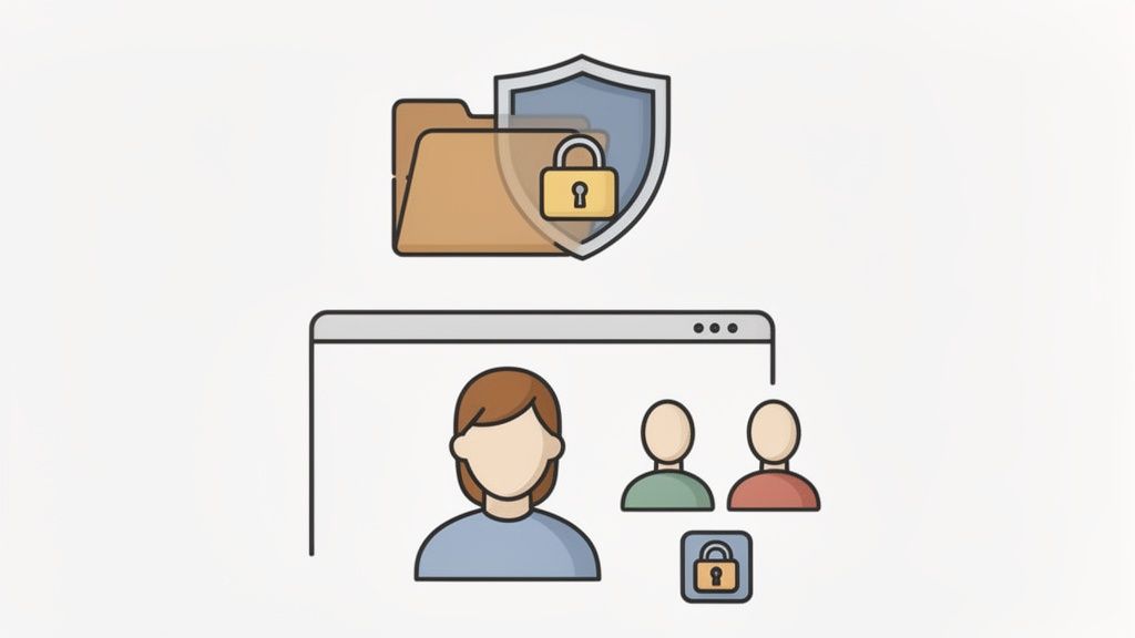 Illustration von Datenordnern mit Schutzschild und Vorhängeschloss, darüber hinaus ein Browserfenster mit mehreren Benutzern und einem Sicherheitsschloss.