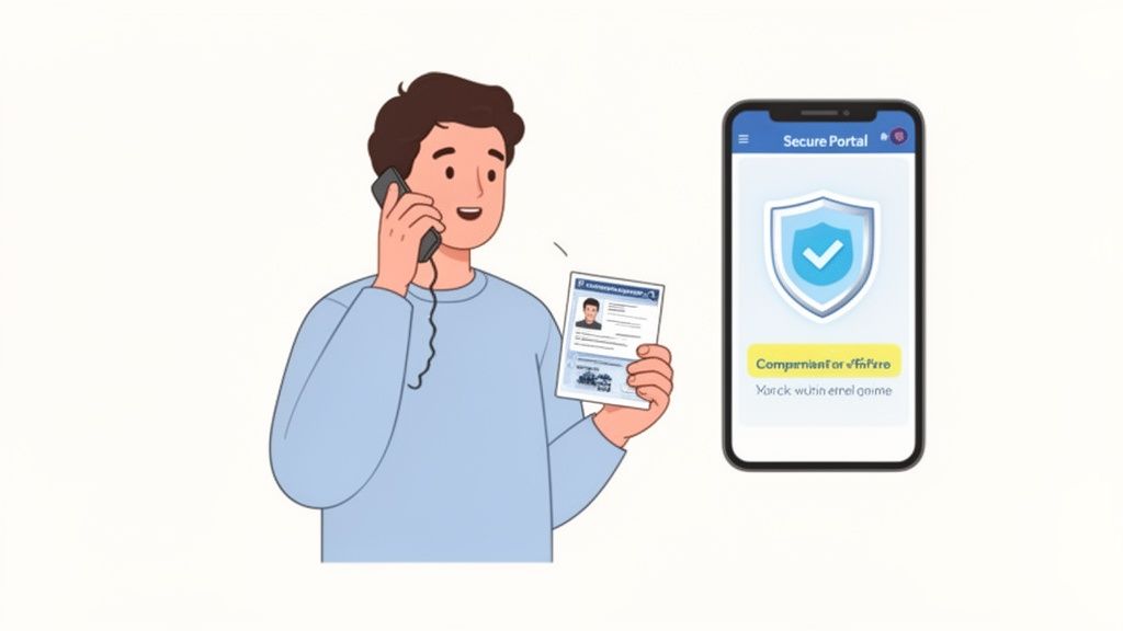 Ein Mann telefoniert mit einem Ausweisdokument in der Hand, während ein Smartphone ein sicheres Portal mit Häkchen anzeigt.