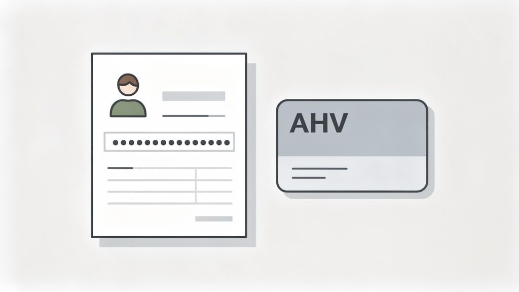 Ein Dokument mit Benutzerprofil und Passwortfeld liegt neben einer AHV-Karte, die eine Sozialversicherungsnummer symbolisiert.